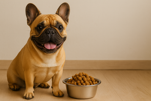 Bouledogue Français avec bol de croquettes
