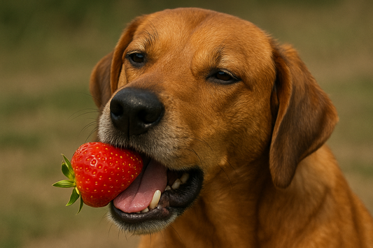 chien qui mange une fraise