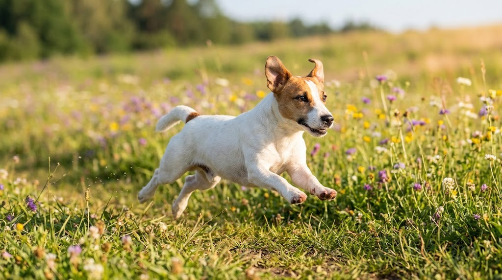 Jack Russell Terrier énergique en pleine course dans une prairie fleurie